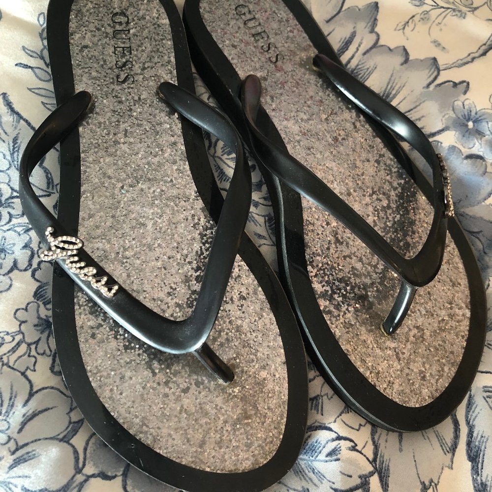 Guess Black and Silver Glitter Flip Flops